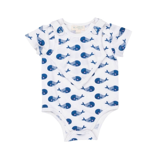 Smart Short Sleeve Baby Bodysuit & Bib Set | Blue Whale Design | Newborn Essential