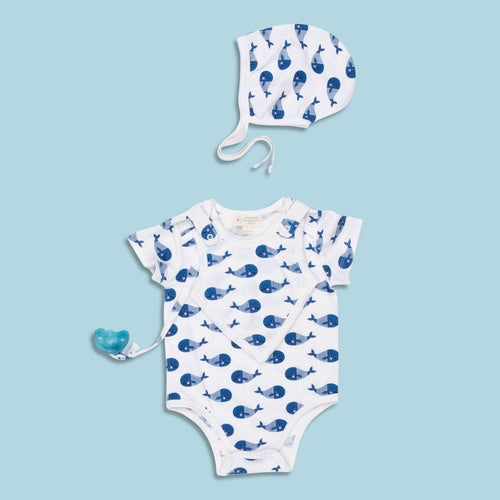 Smart Short Sleeve Baby Bodysuit & Bib Set | Blue Whale Design | Newborn Essential