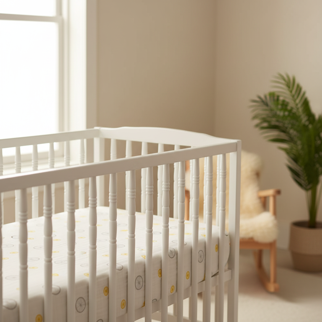 Crib sheet on cot in nursery