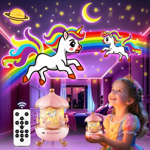 A child holds a small unicorn night light in a colorful bedroom, with matching unicorn wall decals, stars, and a rainbow projected onto the ceiling. A remote control is shown in the lower left corner.