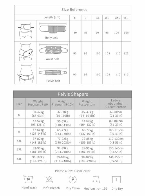 Size reference chart for pelvic shapers with measurements and weight information.
