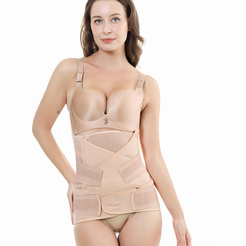 Woman wearing a beige compression garment on a white background