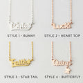 Four gold name necklaces with different design styles on a light gray background.