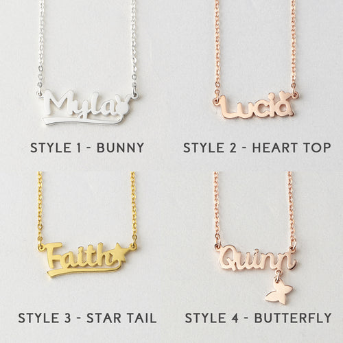 Four gold name necklaces with different design styles on a light gray background.