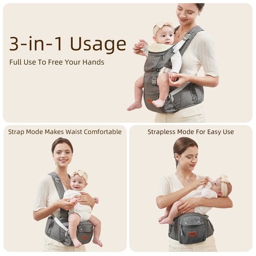 Ergonomic 3-in-1 Baby Carrier & Hip Seat | Adjustable Hands-Free Baby Carrier