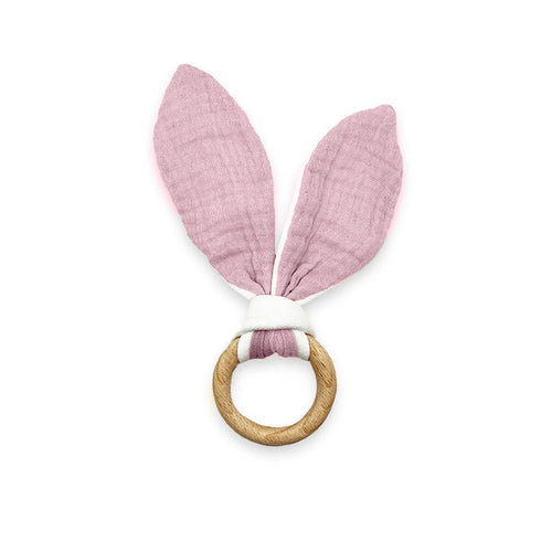 Pink bunny ear teething ring on a white background