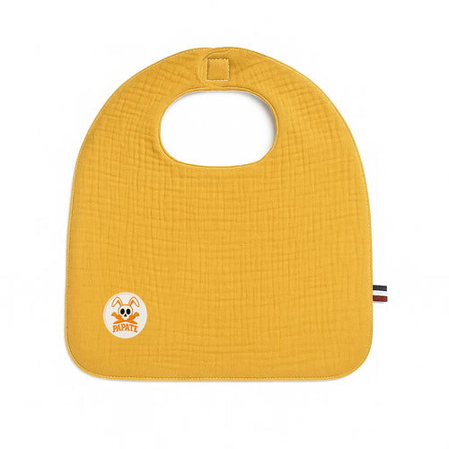 Yellow baby bib with a brand logo on a white background