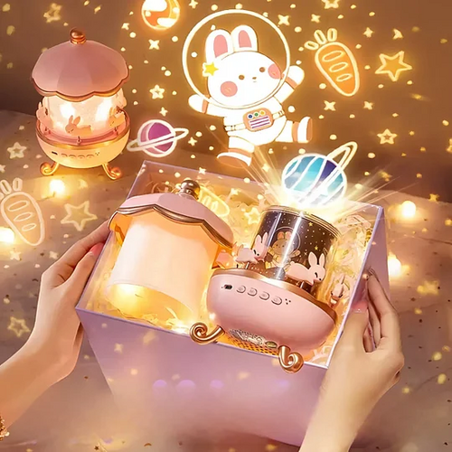 Cute cartoon character with glowing lights and a product in a box held by hands.