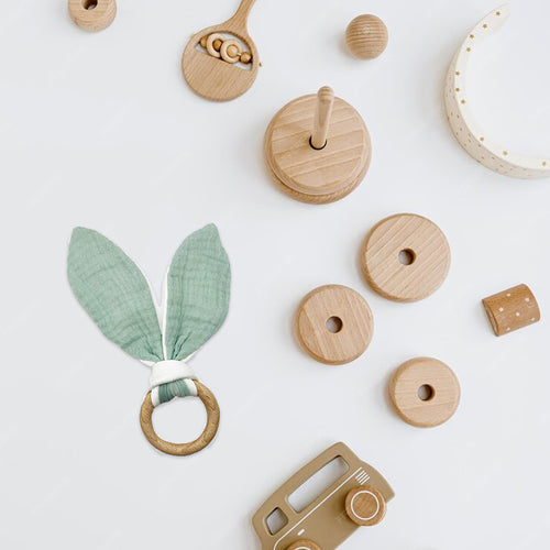 Collection of wooden toys on a white background