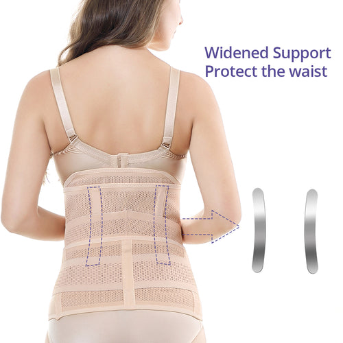 Woman wearing a beige waist support belt with text 'Widened Support Protect the Waist' on a white background.