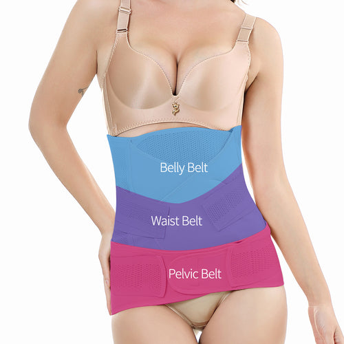 Woman wearing a three-section belt labeled 'Belly Belt', 'Waist Belt', and 'Pelvic Belt' on a white background.