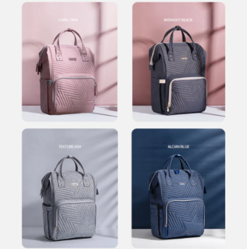 Four different colored backpacks displayed in a grid with color names below each.