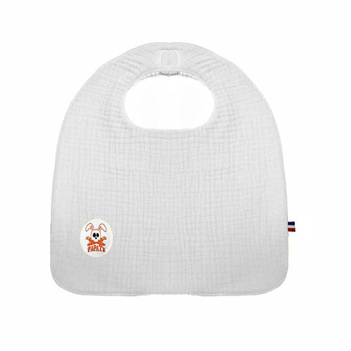 White baby bib with a logo on a white background