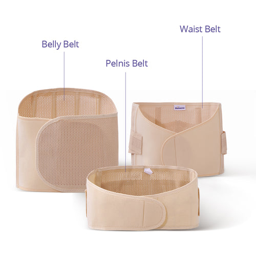 Three beige belts labeled 'Belly Belt', 'Pelvis Belt', and 'Waist Belt' on a white background.