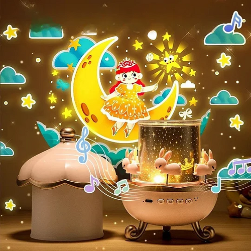 Decorative night light with fairy on a moon, musical notes, and cloud designs.