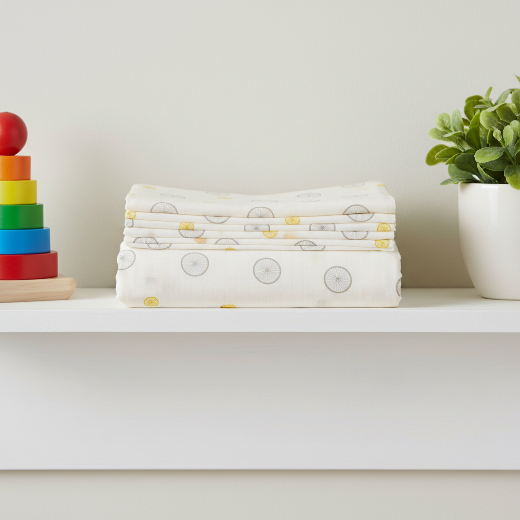 Folded sheet on nursery shelf