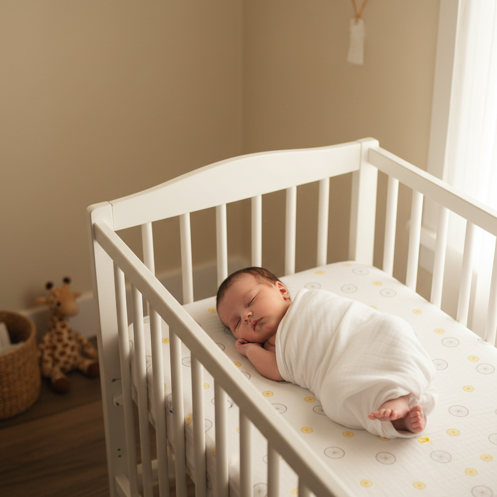 Newborn sleeping on crib sheet