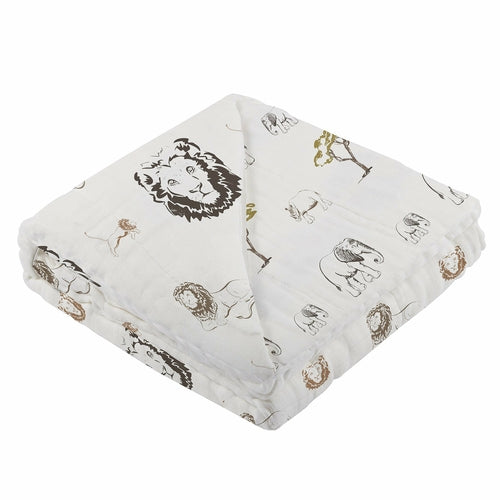 Hear Me Roar Bamboo Baby Blanket | Lion, Rhino & Elephant Print | 100% Natural Muslin